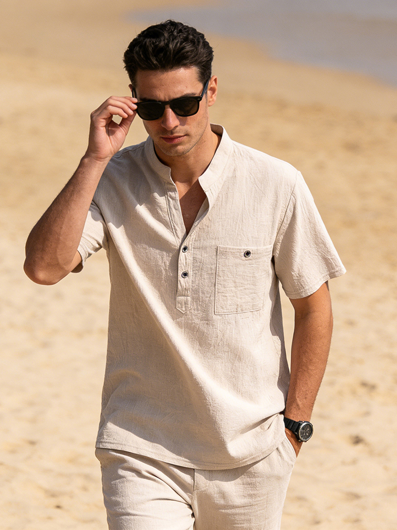 Linen Shirt Breathable - Heren katoenen linnen henley shirt met