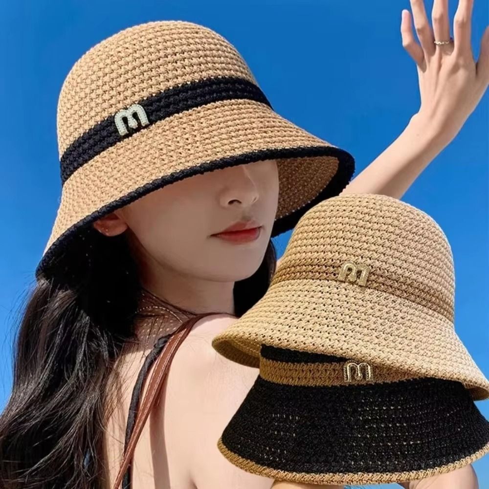 Bucket Hat Straw - Ademende elegante vissershoed met strik, opvouwbare