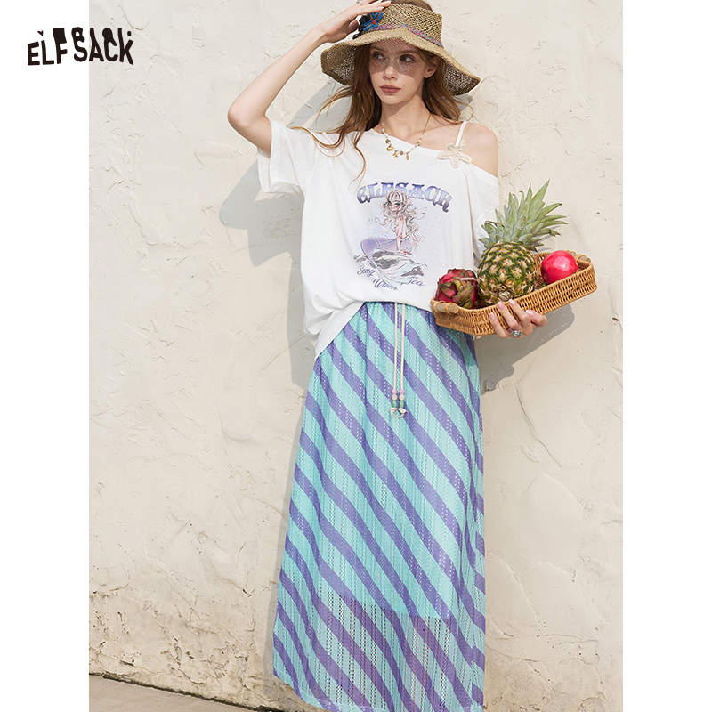 Tee Graphic Print - ELFSACK Off-shoulder wit T-shirt en midi