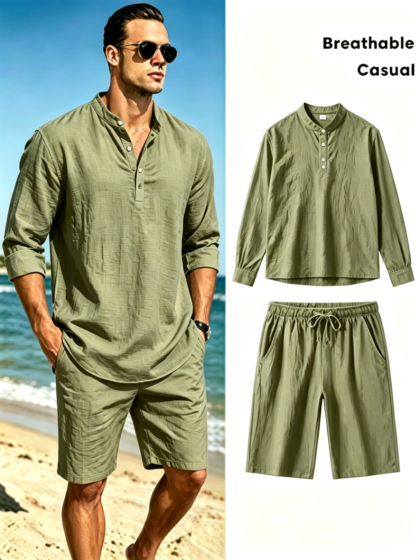 Linen Shirt Breathable - Herenset van katoenen linnen henley shirt