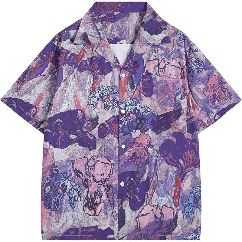 Resort Shirt Floral - Vintage paars olieverfschilderij Iris Floral Abstract