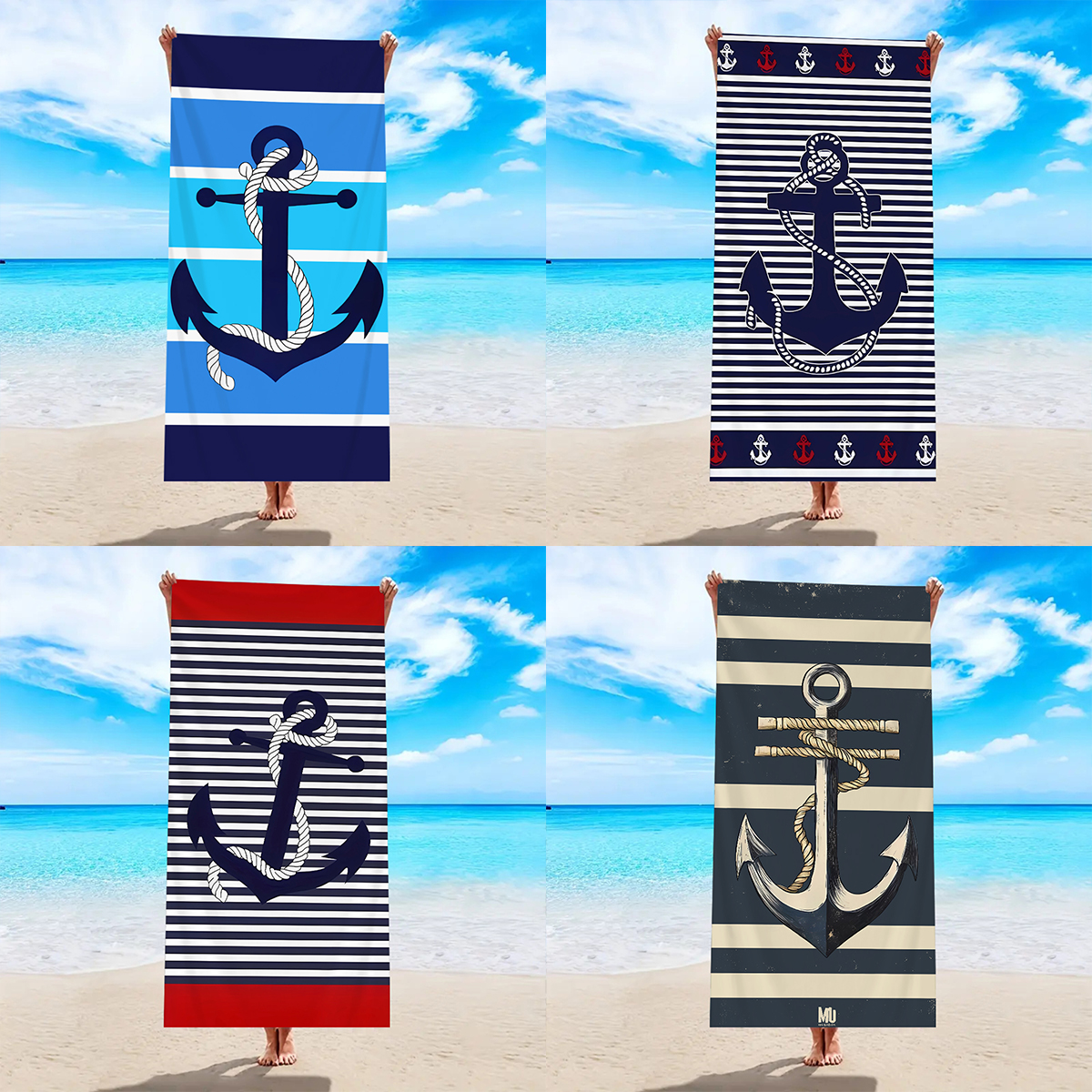 Beach Towel Large - 1pc Zeelelementstrepen, grote strandlaken met bootankerprint,