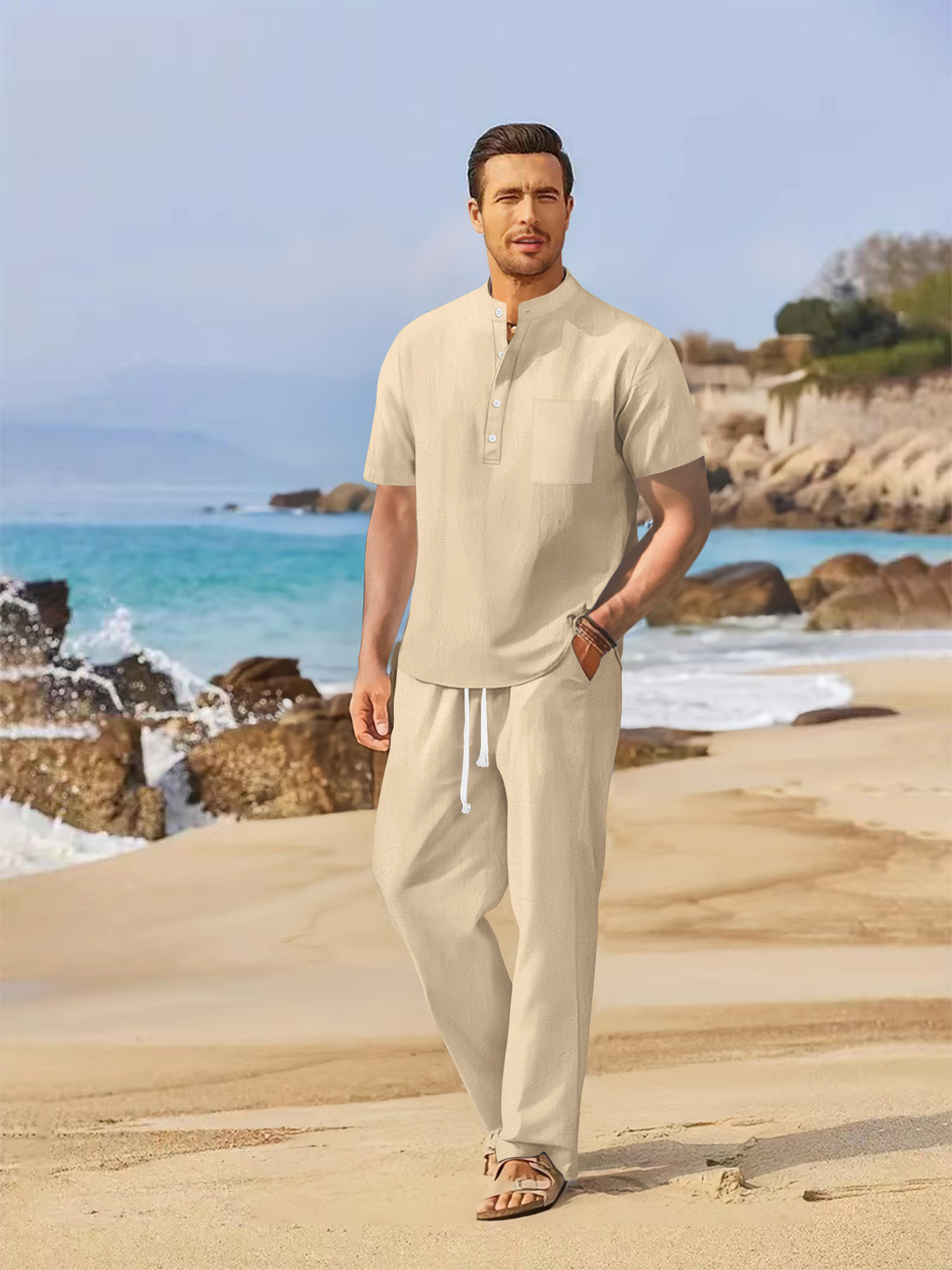 Short Linen Drawstring - Zomer heren katoen en linnen set