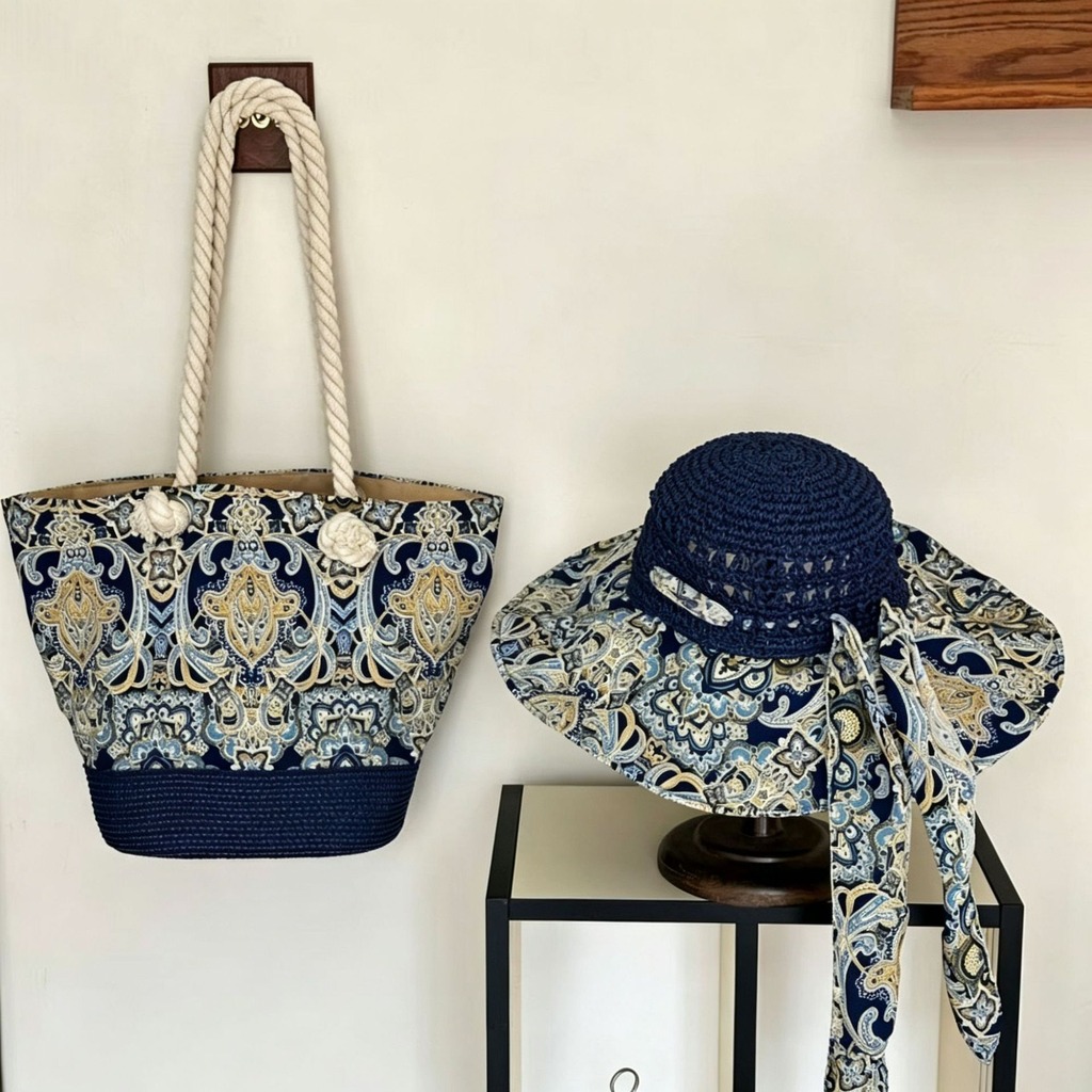 Bucket Hat Straw - Boho strohoed en strandtas set voor