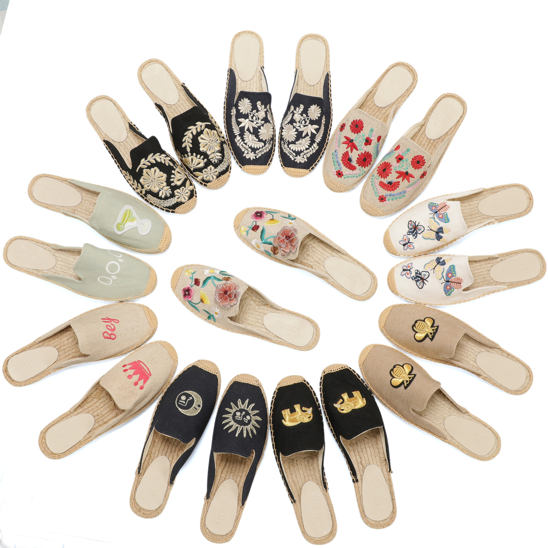 Espadrille Slip On - Dames Espadrilles met bloemenborduursel, linnen slippers,