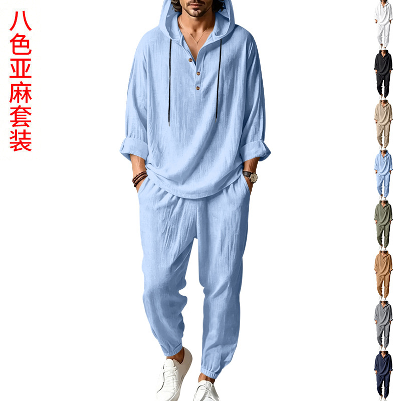 Short Linen Drawstring - Herens zomerlinnen 2-delige set, hooded Henley