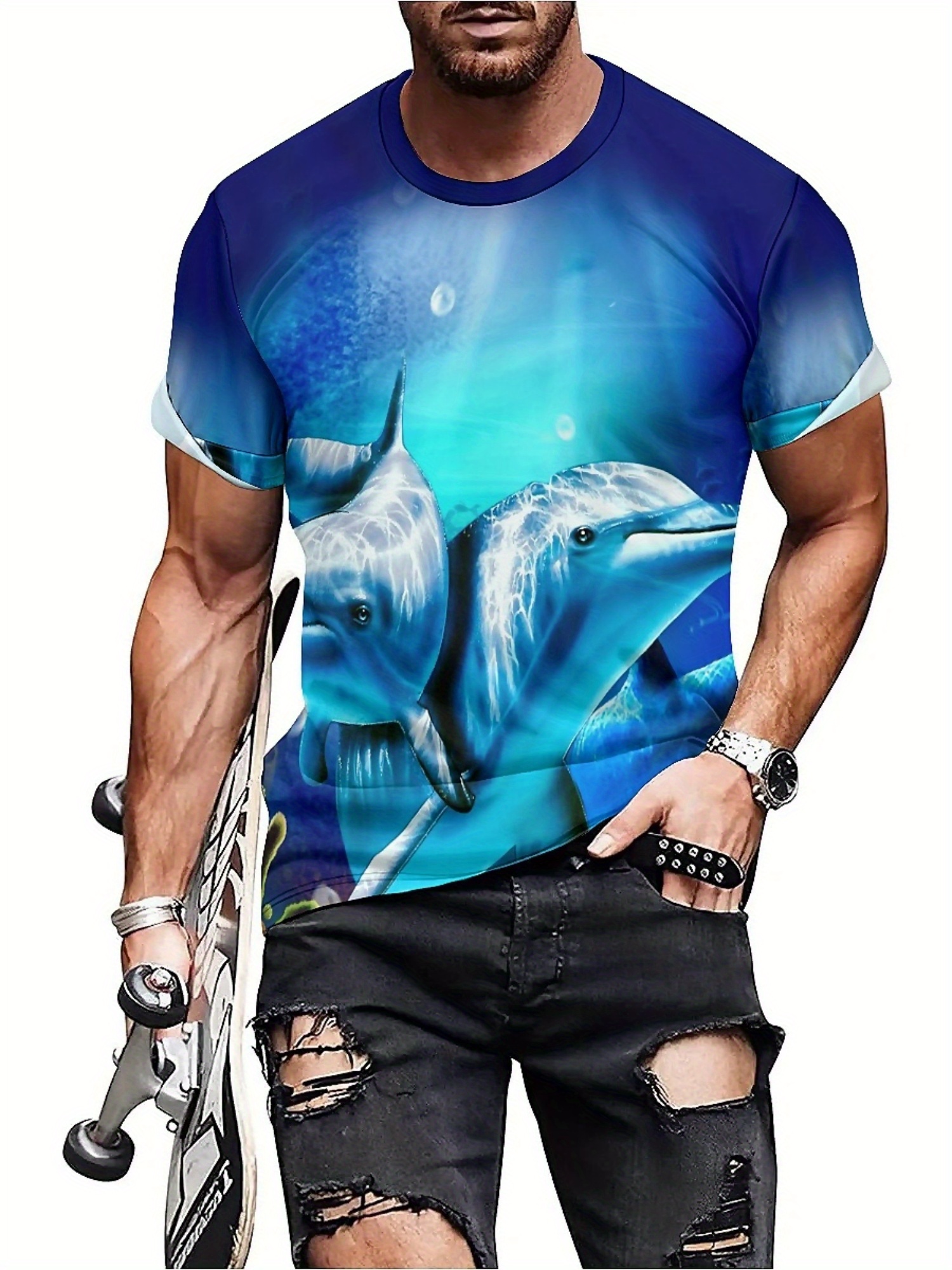Tee Graphic Print - Heren T-shirt met oceaandieren dolfijnprint, casual