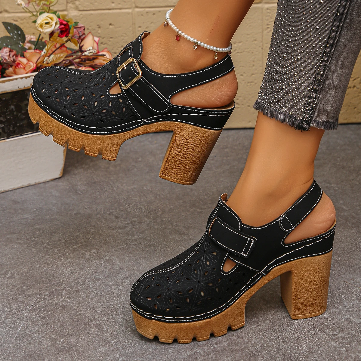 Casual Sandal Leather - Grote maat damessandalen met dikke hak