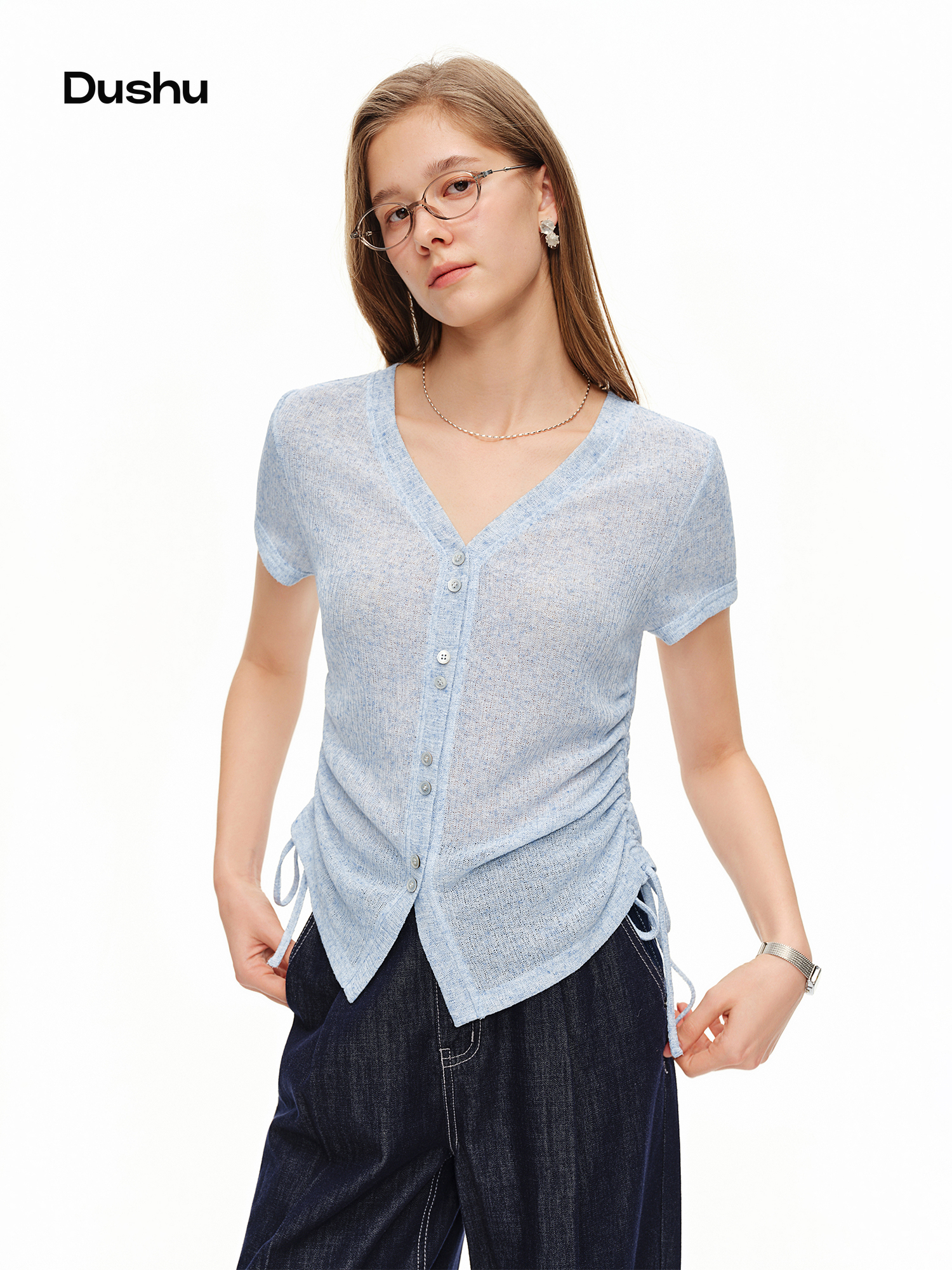 Short Linen Drawstring - DUSHU Lichtgewicht linnen T-shirts met V-hals