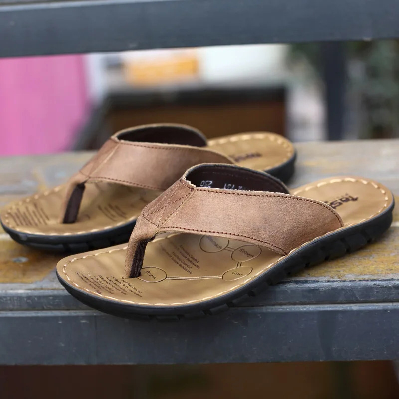 Flip Flop Leather Men - Roma Retro Man Slipper Effen Kleur