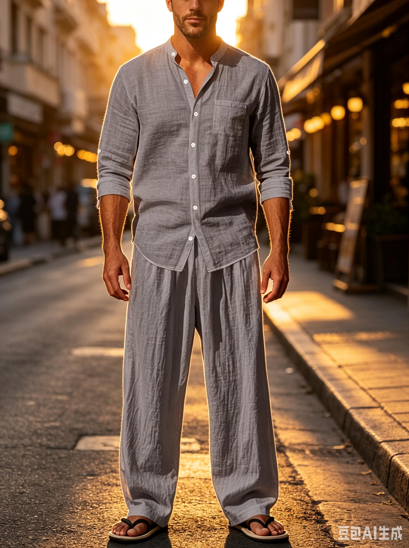 Linen Shirt Breathable - Heren Mandarijnkraag, 2-delige set met knoopsluiting,